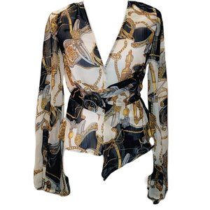 Banjul Womens Elegant Royal Rope Chain Deep V Chiffon Sheer Flutter Sleeve Top S